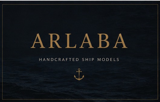 ARLABA gold wordmark on deep navy, with the descriptor Handcrafted Ship Models