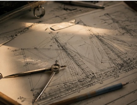 Hand-drawn ship construction plans with a brass compass resting on the paper in warm workshop light