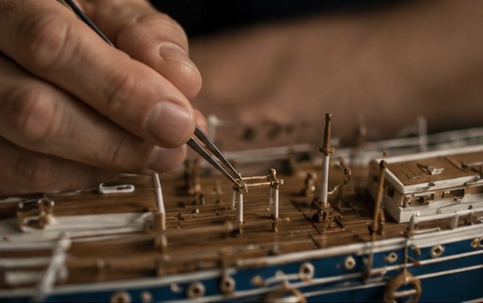 The artisan's hands placing a miniature brass fitting on the deck of a ship model with fine tweezers
