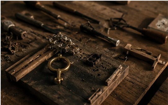 Worn hand tools, files and small brass components laid out on a dark wooden workbench